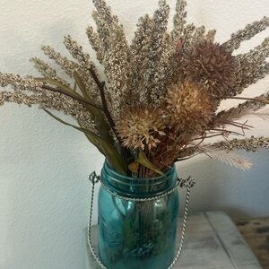 Rustic Aqua Blue Glass Vase with Silk Dried Look Floral Arrangement